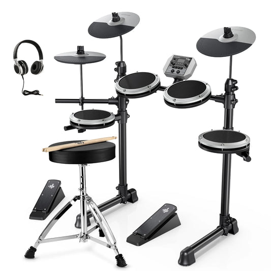 Electric Drum Set for Beginner with 180+ Sounds, Quiet Mesh Kid Child Students Electronic Drum Kit with Heavy Duty Pedals, On-Ear Headphones, DED-80 Gray